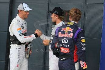 World © Octane Photographic Ltd. Saturday 5th July 2014. British GP, Silverstone, UK. - Formula 1 Qualifying Parc Ferme. Mercedes AMG Petronas F1 W05 Hybrid - Nico Rosberg (1st), Infiniti Red Bull Racing RB10 - Sebastian Vettel (2nd) and McLaren Mercedes MP4/29 - Jenson Button (3rd). Digital Ref: 1018LB1D0357