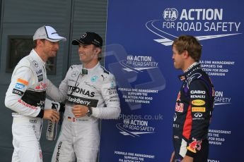 World © Octane Photographic Ltd. Saturday 5th July 2014. British GP, Silverstone, UK. - Formula 1 Qualifying Parc Ferme. Mercedes AMG Petronas F1 W05 Hybrid - Nico Rosberg (1st), Infiniti Red Bull Racing RB10 - Sebastian Vettel (2nd) and McLaren Mercedes MP4/29 - Jenson Button (3rd). Digital Ref: 1018LB1D0367