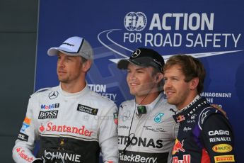 World © Octane Photographic Ltd. Saturday 5th July 2014. British GP, Silverstone, UK. - Formula 1 Qualifying Parc Ferme. Mercedes AMG Petronas F1 W05 Hybrid - Nico Rosberg (1st), Infiniti Red Bull Racing RB10 - Sebastian Vettel (2nd) and McLaren Mercedes MP4/29 - Jenson Button (3rd). Digital Ref: 1018LB1D0374
