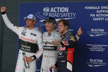 World © Octane Photographic Ltd. Saturday 5th July 2014. British GP, Silverstone, UK. - Formula 1 Qualifying Parc Ferme. Mercedes AMG Petronas F1 W05 Hybrid - Nico Rosberg (1st), Infiniti Red Bull Racing RB10 - Sebastian Vettel (2nd) and McLaren MP4/29 Jenson Button (3rd). Digital Ref: 1018LB1D0382