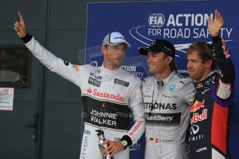 World © Octane Photographic Ltd. Saturday 5th July 2014. British GP, Silverstone, UK. - Formula 1 Qualifying Parc Ferme. Mercedes AMG Petronas F1 W05 Hybrid - Nico Rosberg (1st), Infiniti Red Bull Racing RB10 - Sebastian Vettel (2nd) and McLaren Mercedes MP4/29 - Jenson Button (3rd). Digital Ref: 1018LB1D0387