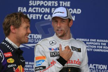World © Octane Photographic Ltd. Saturday 5th July 2014. British GP, Silverstone, UK. - Formula 1 Qualifying Parc Ferme. Infiniti Red Bull Racing RB10 - Sebastian Vettel (2nd) and McLaren Mercedes MP4/29 - Jenson Button (3rd). Digital Ref: 1018LB1D0399