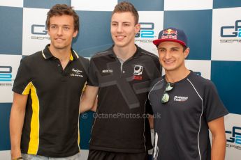 World © Octane Photographic Ltd. Friday 4th July 2014. GP2 Qualifying Press Conference – British GP - Silverstone - UK. Raffaele Marciello - Racing Engineering (1st), Jolyon Palmer – DAMS (2nd) and Mitch Evans - RT Russian Time (3rd). Digital Ref : 1014JM1D1150