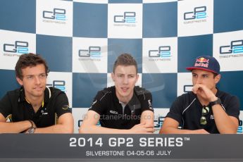 World © Octane Photographic Ltd. Friday 4th July 2014. GP2 Qualifying Press Conference – British GP - Silverstone - UK. Raffaele Marciello - Racing Engineering (1st), Jolyon Palmer – DAMS (2nd) and Mitch Evans - RT Russian Time (3rd). Digital Ref : 1014JM1D1154