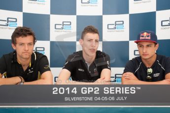 World © Octane Photographic Ltd. Friday 4th July 2014. GP2 Qualifying Press Conference – British GP - Silverstone - UK. Raffaele Marciello - Racing Engineering (1st), Jolyon Palmer – DAMS (2nd) and Mitch Evans - RT Russian Time (3rd). Digital Ref : 1014JM1D1157