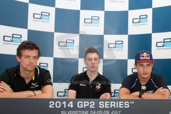 World © Octane Photographic Ltd. Friday 4th July 2014. GP2 Qualifying Press Conference – British GP - Silverstone - UK. Raffaele Marciello - Racing Engineering (1st), Jolyon Palmer – DAMS (2nd) and Mitch Evans - RT Russian Time (3rd). Digital Ref : 1014JM1D1162