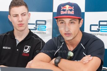 World © Octane Photographic Ltd. Friday 4th July 2014. GP2 Qualifying Press Conference – British GP - Silverstone - UK. Raffaele Marciello - Racing Engineering (1st) and Mitch Evans - RT Russian Time (3rd). Digital Ref : 1014JM1D1166
