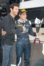 World © Octane Photographic Ltd. Saturday 5th July 2014. GP2 Race 1 – British GP - Silverstone - UK. Mitch Evans and Mark Webber - RT Russian Time. Digital Ref : 1022JM1D1477