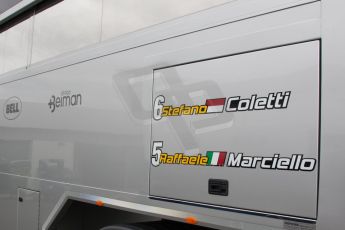World © Octane Photographic Ltd. Friday Thursday 3rd July 2014. GP2 Paddock – Silverstone - UK. Stefano Coletti and Raffaele Marciello  - Racing Engineering transporter. Digital Ref :