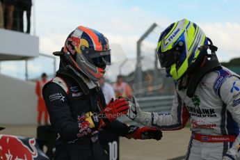 World © Octane Photographic Ltd. Saturday 5th July 2014. GP3 Race 1 Session, British GP, Silverstone - UK. Alex Lynn - Carlin and Jimmy Eriksson - Koiranen GP. Digital Ref : 1021LB1D0429