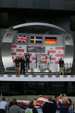 World © Octane Photographic Ltd. Saturday 5th July 2014. GP3 Race 1 Session, British GP, Silverstone - UK. Jimmy Eriksson - Koiranen GP (1st), Alex Lynn - Carlin (2nd) and Marvin Kirchhofer - ART Grand Prix (3rd). Digital Ref : 1021LB1D0490