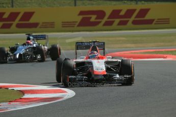 World © Octane Photographic Ltd. Friday 4th July 2014. British GP - Silverstone, UK. - Formula 1 Practice 1. Marussia F1 Team MR03 - Max Chilton and McLaren Mercedes MP4/29 - Jenson Button. Digital Ref: 1011LB1D7029
