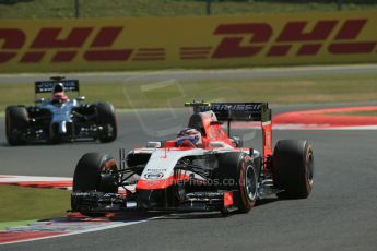 World © Octane Photographic Ltd. Friday 4th July 2014. British GP - Silverstone, UK. - Formula 1 Practice 1. Marussia F1 Team MR03 - Max Chilton and McLaren Mercedes MP4/29 - Jenson Button. Digital Ref: 1011LB1D7033