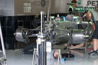 World © Octane Photographic Ltd. Friday 4th July 2014. British GP - Silverstone, UK. - Formula 1 Practice 2. Mercedes AMG Petronas F1 W05 Hybrid  front suspension and brakes – Lewis Hamilton. Digital Ref: 1013JM1D0005