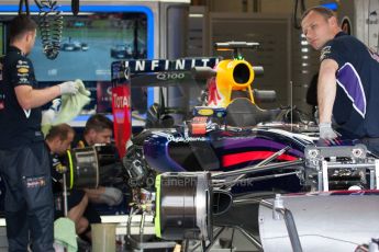 World © Octane Photographic Ltd. Friday 4th July 2014. British GP - Silverstone, UK. Formula 1 Practice 2. Infiniti Red Bull Racing RB10 front suspension and brakes - Sebastian Vettel. Digital Ref: 1013JM1D0010