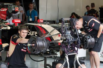 World © Octane Photographic Ltd. Friday 4th July 2014. British GP - Silverstone, UK. - Formula 1 Practice 2. Lotus F1 Team E22 front suspension and brakes - Romain Grosjean. Digital Ref: 1013JM1D0083