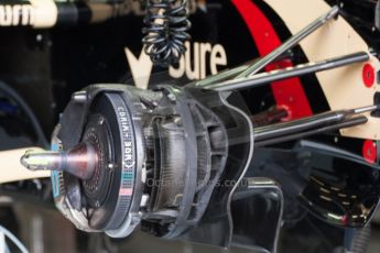 World © Octane Photographic Ltd. Friday 4th July 2014. British GP - Silverstone, UK. - Formula 1 Practice 2. Lotus F1 Team E22 front suspension and brakes detail - Romain Grosjean. Digital Ref: 1013JM1D0085
