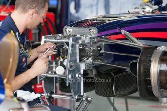 World © Octane Photographic Ltd. Friday 4th July 2014. British GP - Silverstone, UK. Formula 1 Practice 2. Infiniti Red Bull Racing RB10 front suspension and brakes - Sebastian Vettel. Digital Ref: 1013JM1D0124