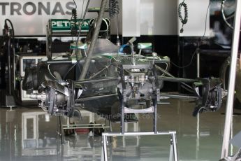 World © Octane Photographic Ltd. Friday 4th July 2014. British GP - Silverstone, UK. - Formula 1 Practice 2. Mercedes AMG Petronas F1 W05 Hybrid front suspension and brakes – Lewis Hamilton. Digital Ref: 1013JM1D0134