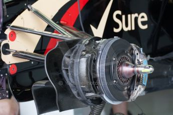 World © Octane Photographic Ltd. Friday 4th July 2014. British GP - Silverstone, UK. - Formula 1 Practice 2. Lotus F1 Team E22 front brakes. Digital Ref: 1013JM1D0143