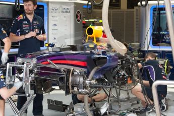 World © Octane Photographic Ltd. Friday 4th July 2014. British GP - Silverstone, UK. Silverstone, UK. - Formula 1 Practice 2. Infiniti Red Bull Racing RB10 front suspension, brakes and sidepod details – Daniel Ricciardo. Digital Ref: 1013JM1D1090