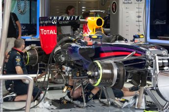 World © Octane Photographic Ltd. Friday 4th July 2014. British GP - Silverstone, UK. Silverstone, UK. - Formula 1 Practice 2. Infiniti Red Bull Racing RB10 front suspension, brakes and sidepod details – Sebastian Vettel. Digital Ref: 1013JM1D1091