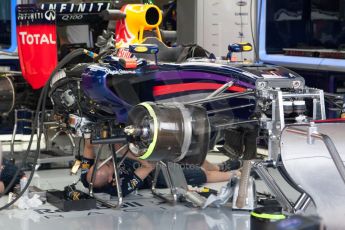 World © Octane Photographic Ltd. Friday 4th July 2014. British GP - Silverstone, UK. Silverstone, UK. - Formula 1 Practice 2. Infiniti Red Bull Racing RB10 front suspension, brakes and sidepod details – Sebastian Vettel. Digital Ref: 1013JM1D1092