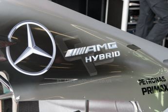 World © Octane Photographic Ltd. Friday 4th July 2014. British GP - Silverstone, UK. - Formula 1 Practice 2. Mercedes AMG Petronas F1 W05 Hybrid airbox cover - AMG Hybrid. Digital Ref: 1013JM1D1094