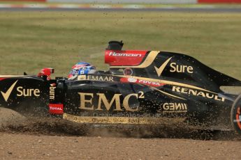 World © Octane Photographic Ltd. Friday 4th July 2014. British GP - Silverstone, UK. - Formula 1 Practice 2. Lotus F1 Team E22 - Romain Grosjean in the gravel. Digital Ref: 1013LB1D8387