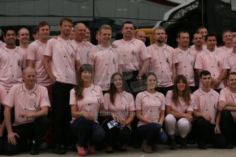 World © Octane Photographic Ltd. Saturday 5th July 2014. British GP, Silverstone, UK. - Formula 1 Paddock. Jenson Button, Kevin Magnussen, Ron Dennis, Eric Boullier and the McLaren team in their #Pinkforpapa shirts. Digital Ref: 1025LB1D0619