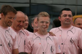 World © Octane Photographic Ltd. Saturday 5th July 2014. British GP, Silverstone, UK. - Formula 1 Paddock. Jenson Button, Kevin magnussen, Ron Dennis, Eric Boullier and the McLaren team in their #Pinkforpapa shirts. Digital Ref: 1025LB1D0625