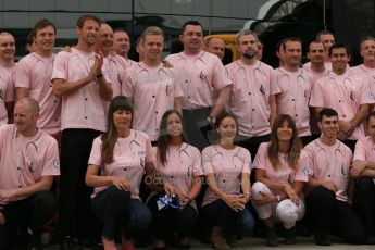 World © Octane Photographic Ltd. Saturday 5th July 2014. British GP, Silverstone, UK. - Formula 1 Paddock. Jenson Button, Kevin Magnussen, Ron Dennis, Eric Boullier and the McLaren team in their #Pinkforpapa shirts. Digital Ref: 1025LB1D0640