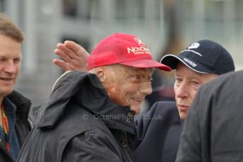 World © Octane Photographic Ltd. Saturday 5th July 2014. British GP, Silverstone, UK. - Formula 1 Paddock. Niki Lauda and John Surtees. Digital Ref: 1025LB1D3555