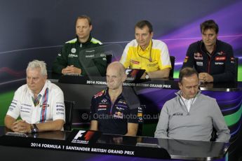 World © Octane Photographic Ltd. Friday 4th July 2014. FIA F1 Press Conference, Silverstone, UK. Caterham F1 Team Head of Track Operations – Gerry Hughes, Renault Sport F1 Deputy Managing Director (Technical) - Rob White, Scuderia Toro Rosso Technical Director – James Key, Williams Martini Racing Chief Technical Officer – Pat Symonds, Infiniti Red Bull Racing – Adrian Newey and  McLaren Mercedes Managing Director – Jonathan Neale. Digital Ref: 1015LB1D2741