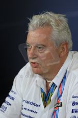 World © Octane Photographic Ltd. Friday 4th July 2014. FIA F1 Press Conference, Silverstone, UK. Williams Martini Racing Chief Technical Officer – Pat Symonds. Digital Ref: 1015LB1D8642