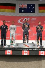 World © Octane Photographic Ltd. Sunday 8th June 2014. Canada - Circuit Gilles Villeneuve, Montreal. Formula 1 Podium. Infiniti Red Bull Racing RB10 – Daniel Ricciardo,  Nico Rosberg and Sebastian Vettel. Digital Ref: 0987LB1D8701