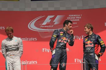 World © Octane Photographic Ltd. Sunday 8th June 2014. Canada - Circuit Gilles Villeneuve, Montreal. Formula 1 Podium. Infiniti Red Bull Racing RB10 – Daniel Ricciardo,  Nico Rosberg and Sebastian Vettel. Digital Ref: 0987LB1D8729