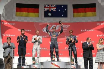 World © Octane Photographic Ltd. Sunday 8th June 2014. Canada - Circuit Gilles Villeneuve, Montreal. Formula 1 Podium. Infiniti Red Bull Racing RB10 – Daniel Ricciardo,  Nico Rosberg and Sebastian Vettel. Digital Ref: 0987LB1D8736