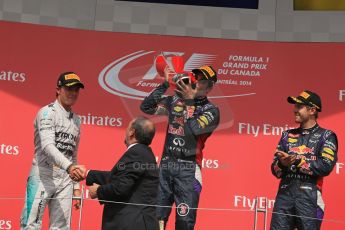 World © Octane Photographic Ltd. Sunday 8th June 2014. Canada - Circuit Gilles Villeneuve, Montreal. Formula 1 Podium. Infiniti Red Bull Racing RB10 – Daniel Ricciardo,  Nico Rosberg and Sebastian Vettel. Digital Ref: 0987LB1D8752
