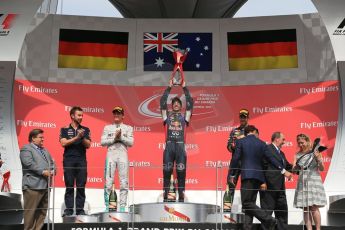 World © Octane Photographic Ltd. Sunday 8th June 2014. Canada - Circuit Gilles Villeneuve, Montreal. Formula 1 Podium. Infiniti Red Bull Racing RB10 – Daniel Ricciardo,  Nico Rosberg and Sebastian Vettel. Digital Ref: 0987LB1D8776