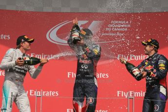 World © Octane Photographic Ltd. Sunday 8th June 2014. Canada - Circuit Gilles Villeneuve, Montreal. Formula 1 Podium. Infiniti Red Bull Racing RB10 – Daniel Ricciardo,  Nico Rosberg and Sebastian Vettel. Digital Ref: 0987LB1D8805