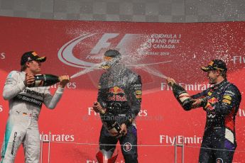 World © Octane Photographic Ltd. Sunday 8th June 2014. Canada - Circuit Gilles Villeneuve, Montreal. Formula 1 Podium. Infiniti Red Bull Racing RB10 – Daniel Ricciardo,  Nico Rosberg and Sebastian Vettel. Digital Ref: 0987LB1D8809