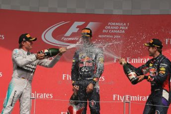 World © Octane Photographic Ltd. Sunday 8th June 2014. Canada - Circuit Gilles Villeneuve, Montreal. Formula 1 Podium. Infiniti Red Bull Racing RB10 – Daniel Ricciardo,  Nico Rosberg and Sebastian Vettel. Digital Ref: 0987LB1D8821