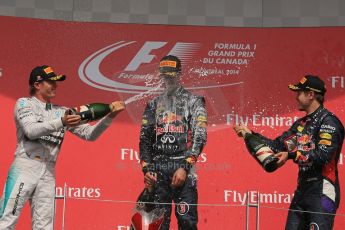 World © Octane Photographic Ltd. Sunday 8th June 2014. Canada - Circuit Gilles Villeneuve, Montreal. Formula 1 Podium. Infiniti Red Bull Racing RB10 – Daniel Ricciardo,  Nico Rosberg and Sebastian Vettel. Digital Ref: 0987LB1D8823