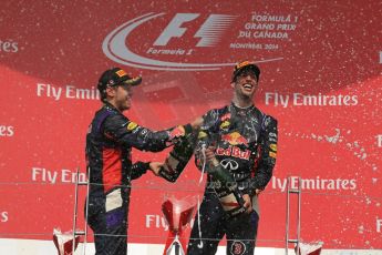 World © Octane Photographic Ltd. Sunday 8th June 2014. Canada - Circuit Gilles Villeneuve, Montreal. Formula 1 Podium. Infiniti Red Bull Racing RB10 – Daniel Ricciardo and Sebastian Vettel. Digital Ref: 0987LB1D8878