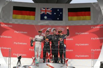 World © Octane Photographic Ltd. Sunday 8th June 2014. Canada - Circuit Gilles Villeneuve, Montreal. Formula 1 Podium. Infiniti Red Bull Racing RB10 – Daniel Ricciardo,  Nico Rosberg and Sebastian Vettel. Digital Ref: 0987LB1D8907
