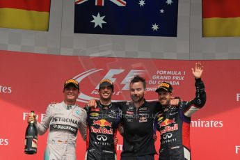 World © Octane Photographic Ltd. Sunday 8th June 2014. Canada - Circuit Gilles Villeneuve, Montreal. Formula 1 Podium. Infiniti Red Bull Racing RB10 – Daniel Ricciardo,  Nico Rosberg and Sebastian Vettel. Digital Ref: 0987LB1D8912