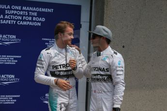 World © Octane Photographic Ltd. Saturday 7th June 2014. Canada - Circuit Gilles Villeneuve, Montreal. Formula 1 Qualifying. Mercedes AMG Petronas F1 W05 Hybrid - Nico Rosberg and Lewis Hamilton. Digital Ref: 0983LB1D6532