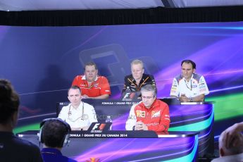 World © Octane Photographic Ltd. Friday 6th June 2014. Canada - Circuit Gilles Villeneuve, Montreal. Team personnel press conference. Marussia F1 Team Chief Engineer - Dave Greenwood, Sahara Force India Technical Director – Andrew Green, Sauber Head of Track Engineering – Giampaolo Dall'Ara, Mercedes AMG Petronas Executive Director (Technical) – Paddy Lowe and Scuderia Ferrari Technical Director (Chassis) – Pat Fry. Digital Ref: 0980LB1D9525
