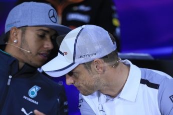 World © Octane Photographic Ltd. Formula 1 Canada – Circuit Gilles Villeneuve, Montreal. Thursday 5th June 2014. Drivers’ press conference. Mercedes AMG Petronas – Lewis Hamilton and McLaren Mercedes - Jenson Button. Digital Ref : 0977LB1D1132